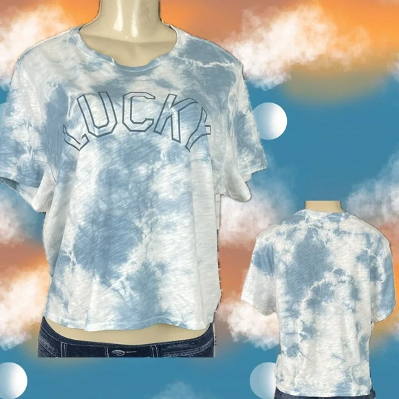 Lucky Brand L Blue Tie-Dye Logo Name Graphic Cotton Short Sleeve Crop Tee - Picture 1 of 6